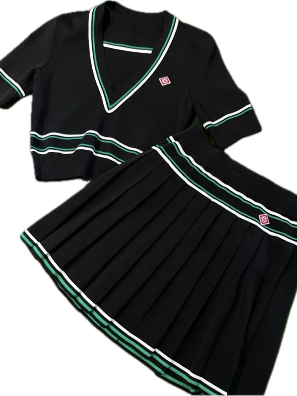 Black Knit Two-Piece Tennis-Inspired Set with Green & White Trim
